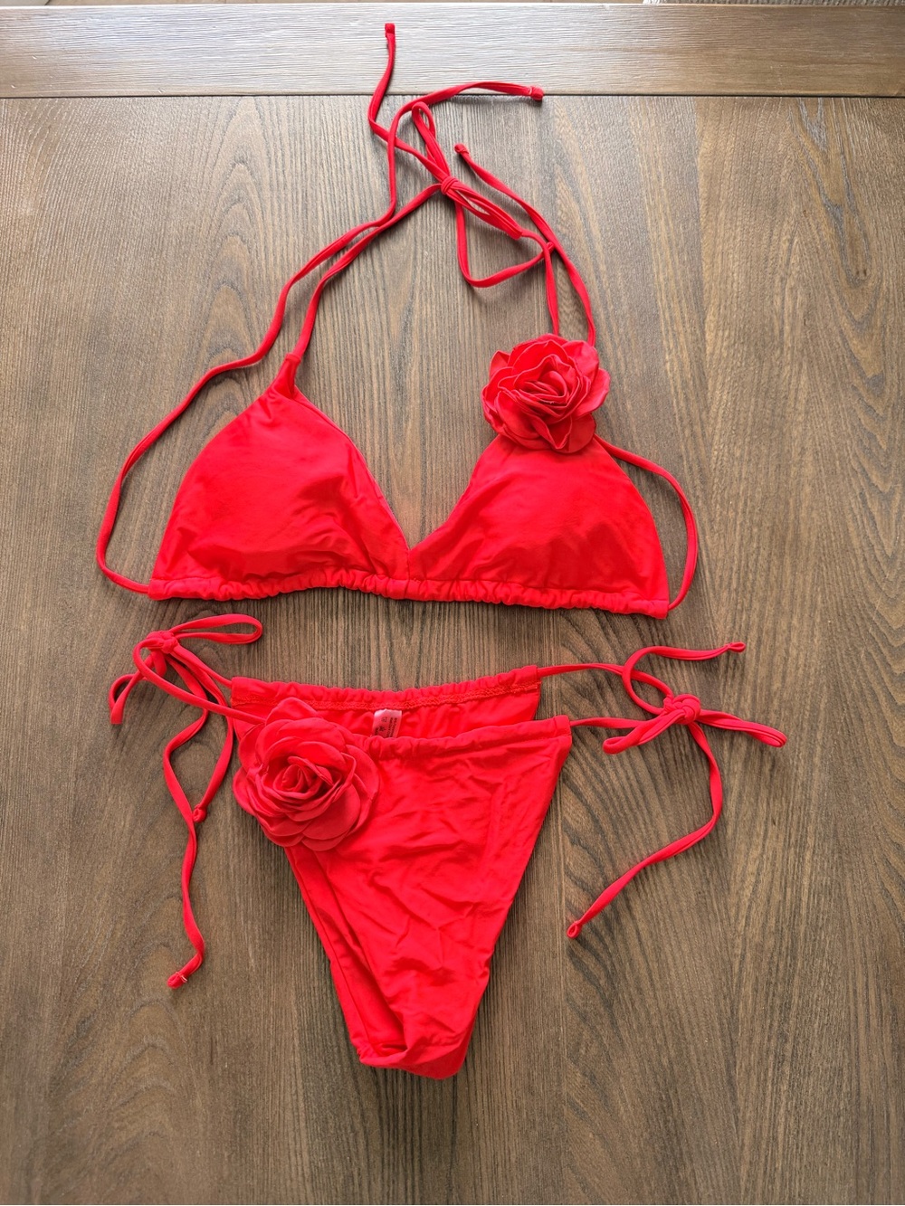 Red Floral Accent String Bikini Set